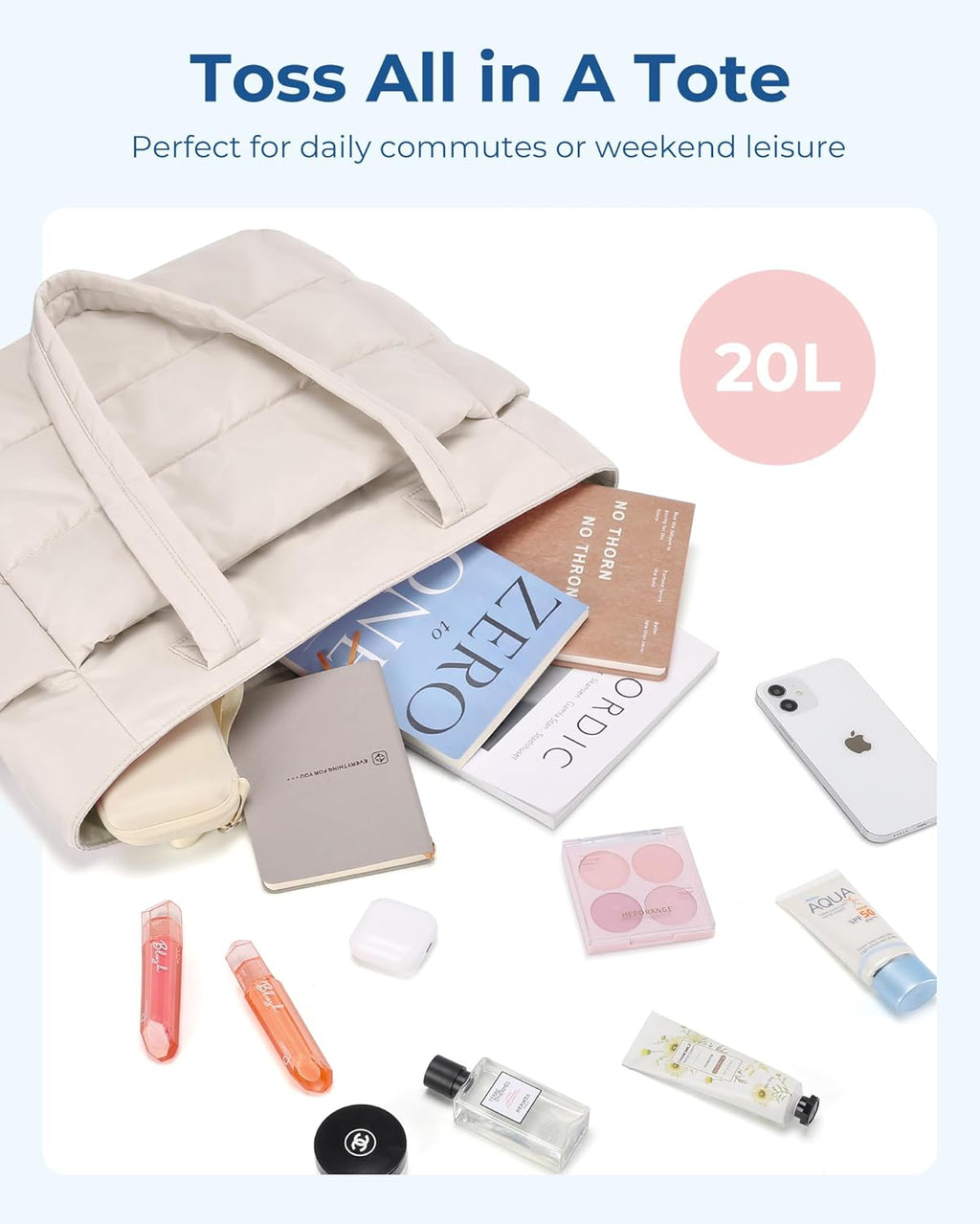 BAGSMART Tote Bag for Women, Lightweight Puffy Tote Bag with Compartments Shoulder Bag Handbag for Travel, Work, Gym