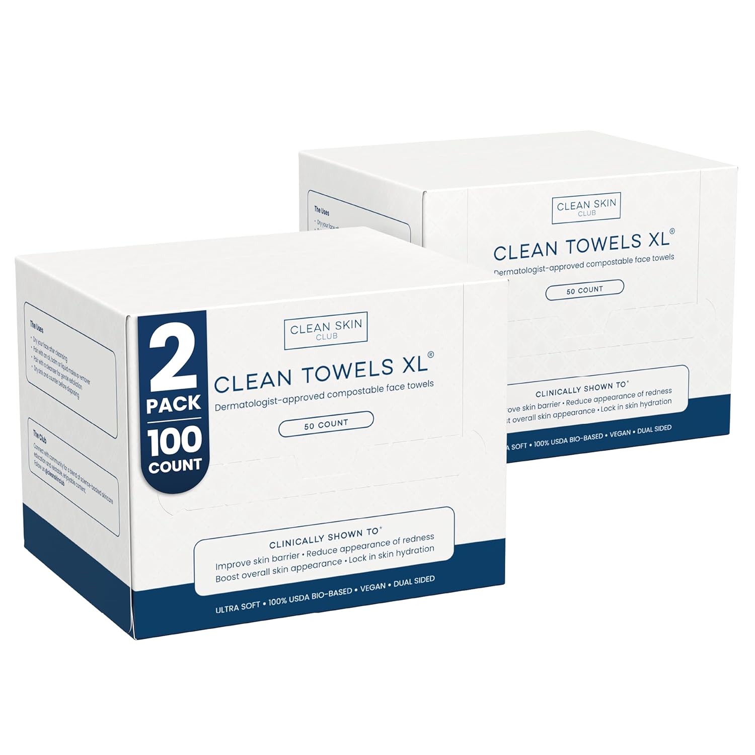 Clean Skin Club Clean Towels XL, 100% USDA Biobased Face Towel, Disposable Face Towelette, Eczema Association Accepted, Makeup Remover Dry Wipes, Ultra Soft, 1 Pack, 50 Ct