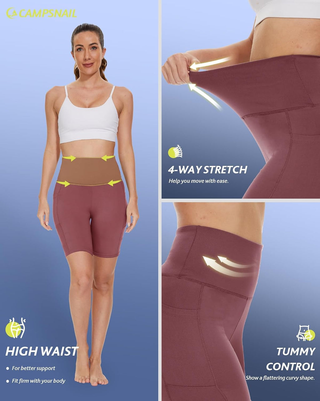 CAMPSNAIL Biker Shorts Women with Pockets - 3"/5"/8" High Waisted Workout Spandex Tummy Control Gym Running Yoga Shorts