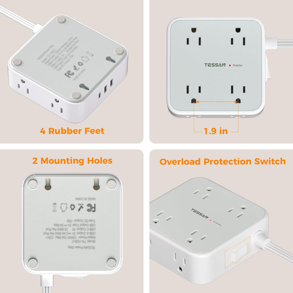 TESSAN Surge Protector Power Strip, 5 Ft Flat Plug Extension Cord with 3 USB (1 USB C) 8 Outlets, 900J Surge Protection, 3 Sided Outlet Extender with Power Switch for Office, Dorm Room Essentials