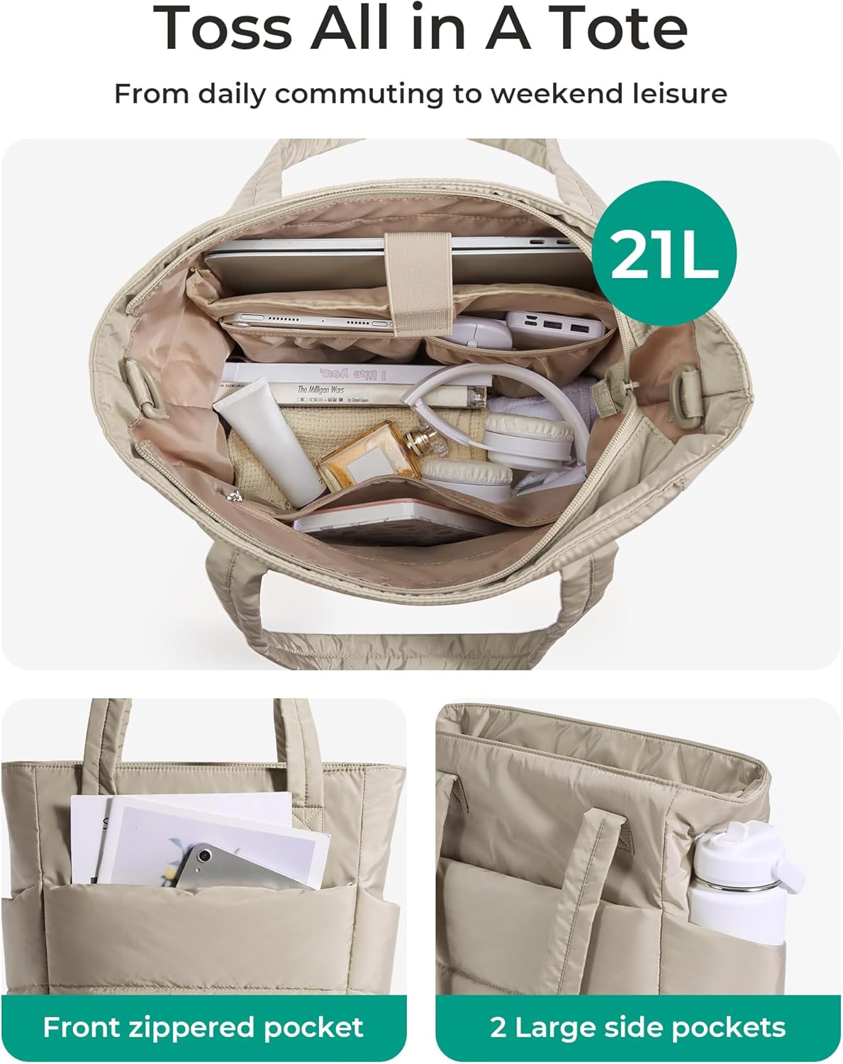 BAGSMART Tote Bag for Women, Lightweight Puffy Tote Bag with Compartments Shoulder Bag Handbag for Travel, Work, Gym