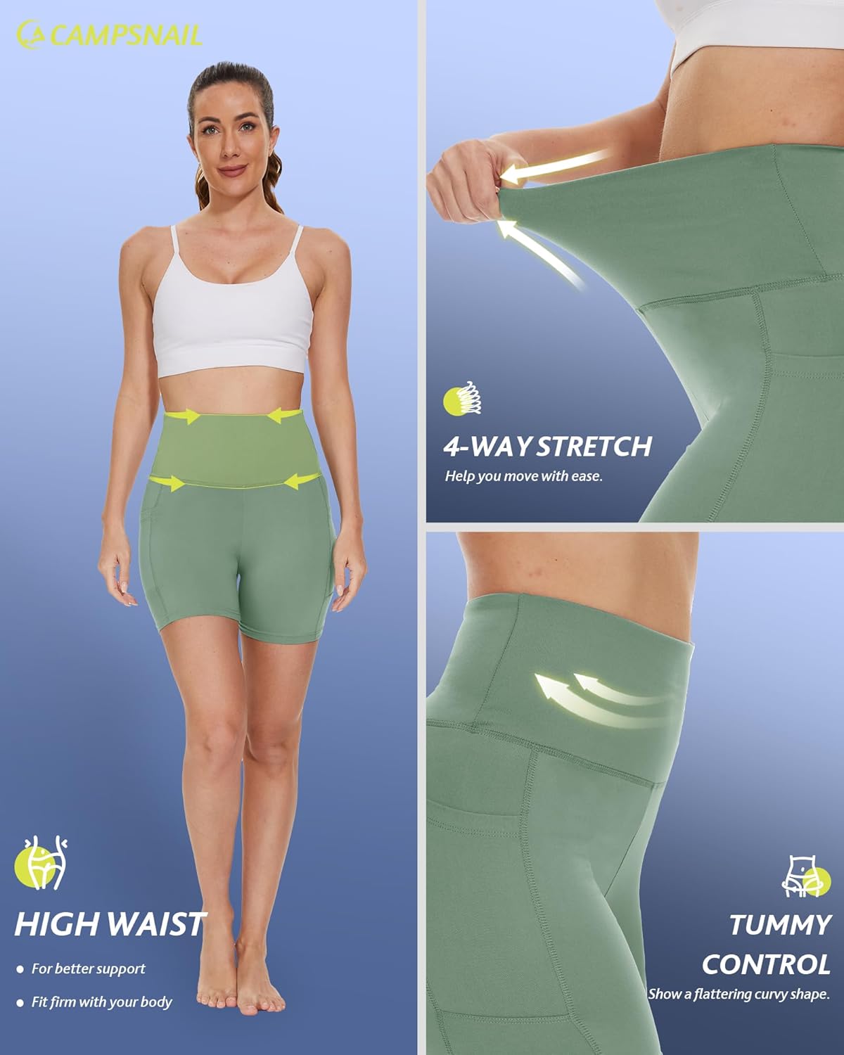 CAMPSNAIL Biker Shorts Women with Pockets - 3"/5"/8" High Waisted Workout Spandex Tummy Control Gym Running Yoga Shorts