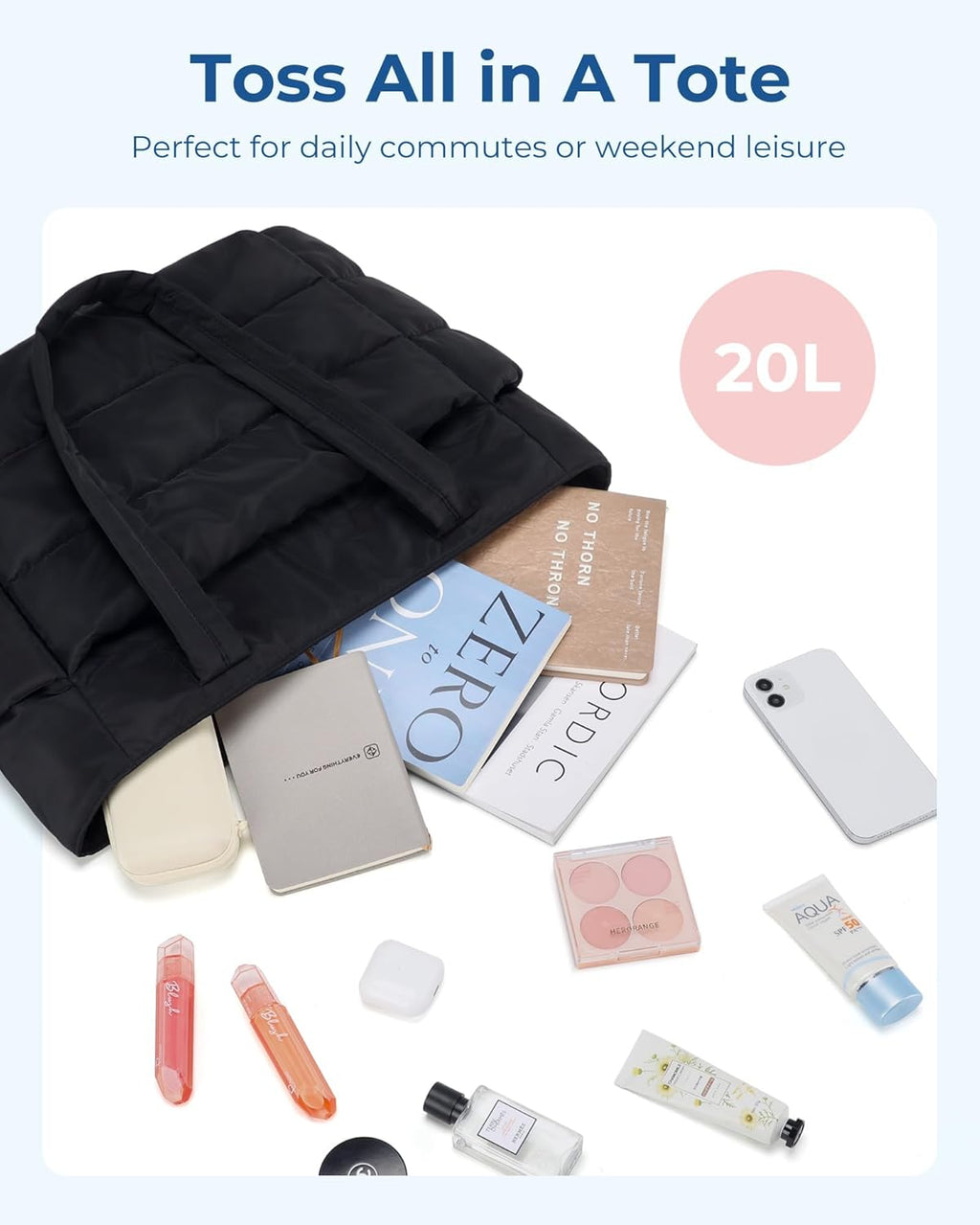 BAGSMART Tote Bag for Women, Lightweight Puffy Tote Bag with Compartments Shoulder Bag Handbag for Travel, Work, Gym