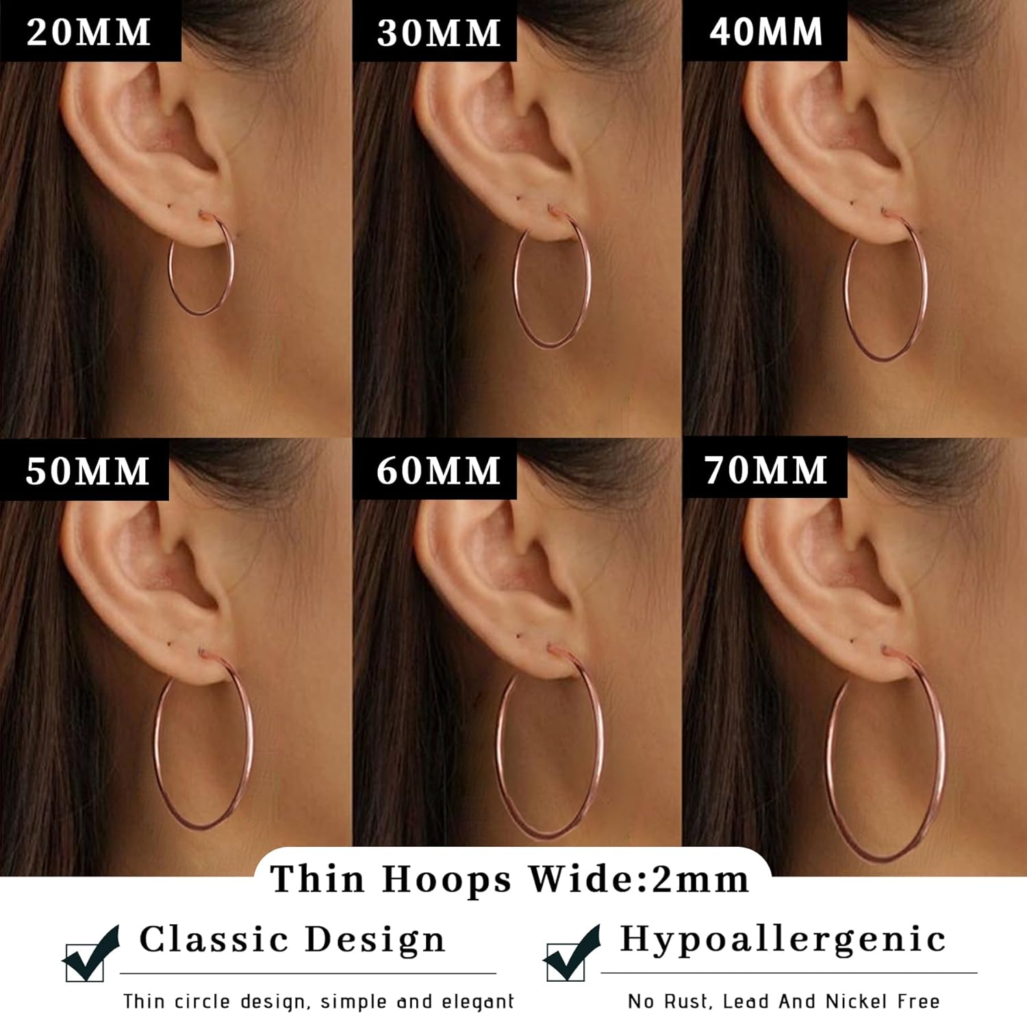 Senteria 2mm Wide 925 Sterling Silver Hoop Earrings for Women Hypoallergenic Lightweight Thin Large Big Gold Plated Hoops Earrings for Women 20/30/50/70MM