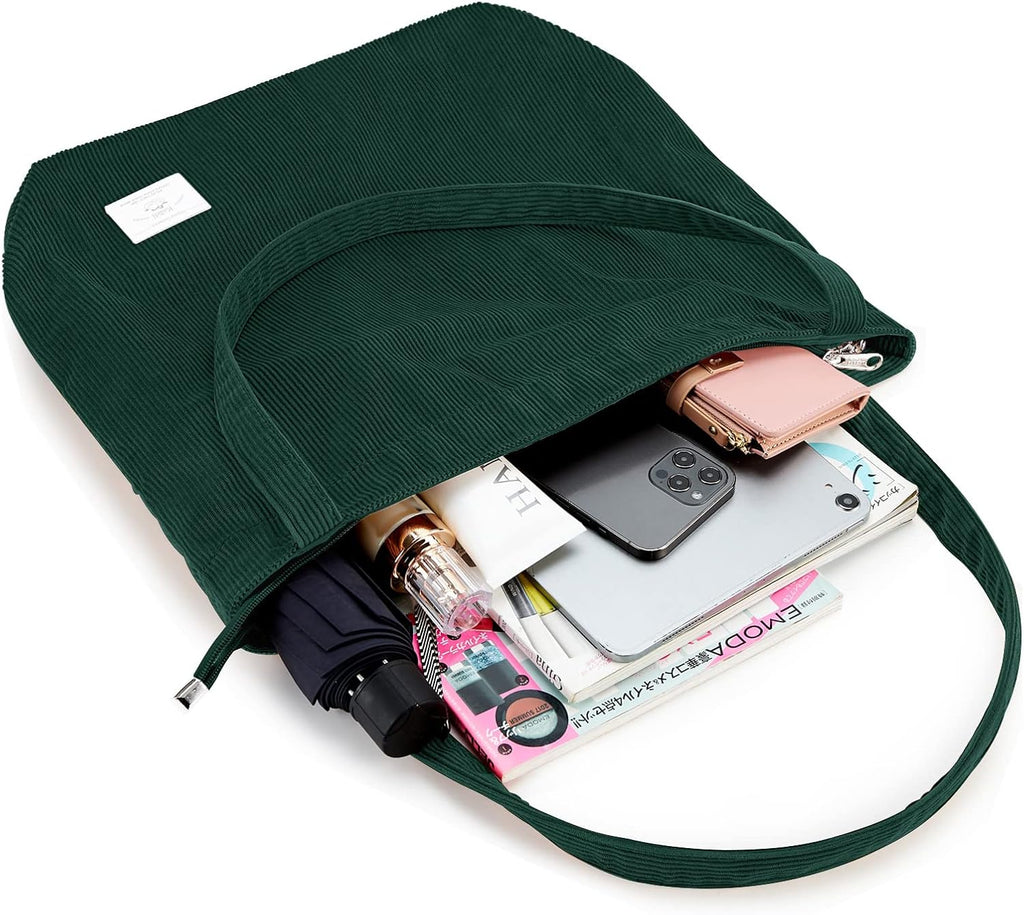 KALIDI Women Corduroy Tote Bag Zipper Casual Tote's Handbag Big Capacity Shoulder Bag with Pockets