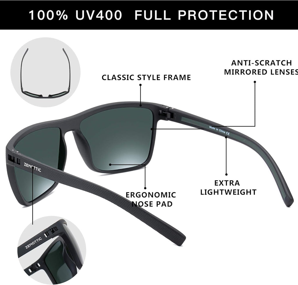 ZENOTTIC Polarized Sunglasses for Men Lightweight TR90 Frame UV400 Protection Square Sun Glasses