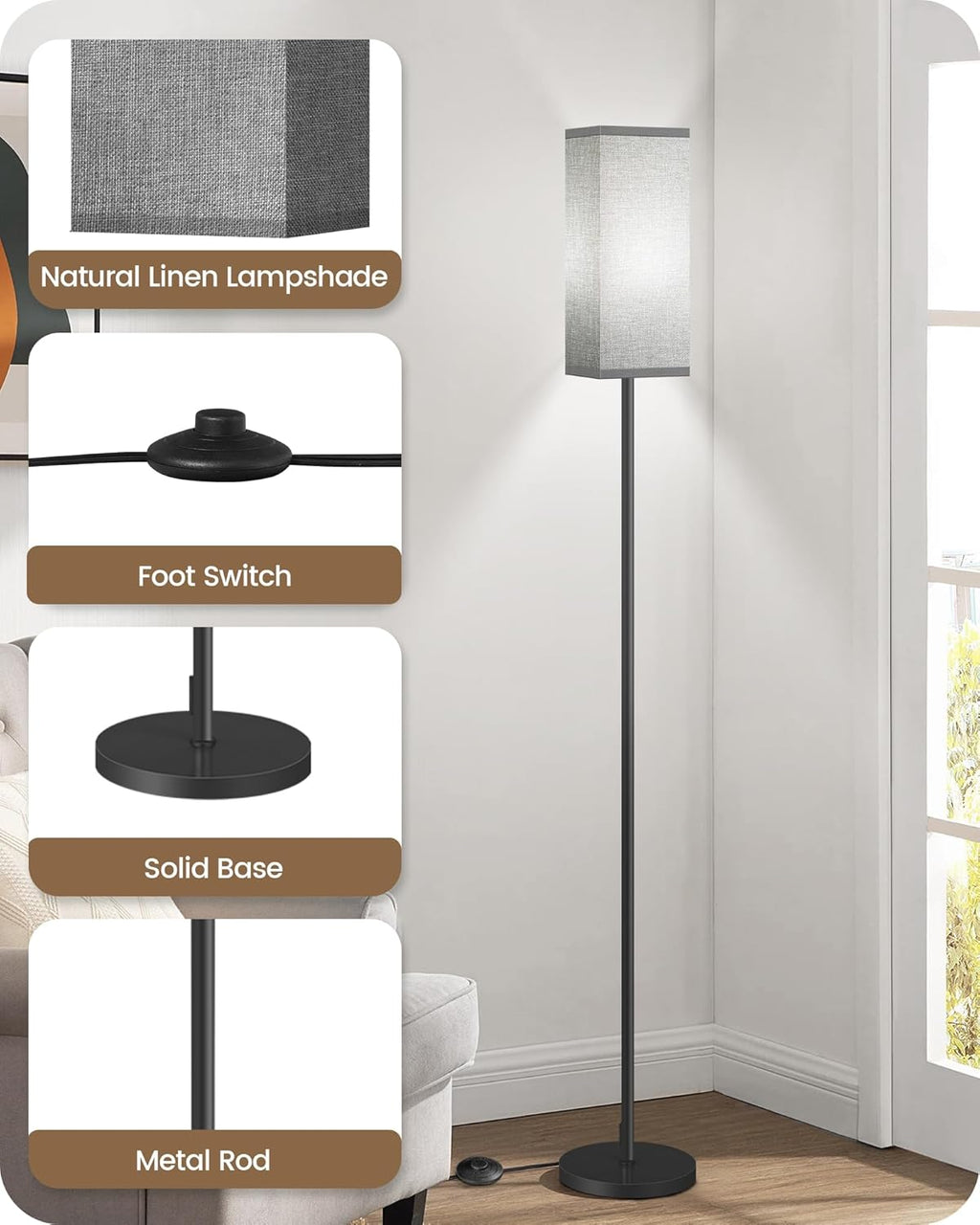 64.6" Floor Lamp, Pole with Foot Switch, Modern Standing Lamp Lampshade, Minimalist Freestanding Lamp (Bulb Not Included), for Living Room, Bedroom Office ETL Listed, Black and Beige E07LD05