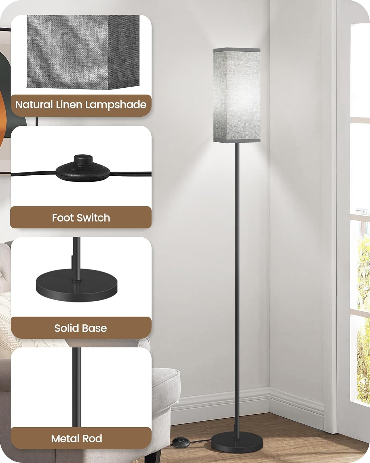 64.6" Floor Lamp, Pole with Foot Switch, Modern Standing Lamp Lampshade, Minimalist Freestanding Lamp (Bulb Not Included), for Living Room, Bedroom Office ETL Listed, Black and Beige E07LD05
