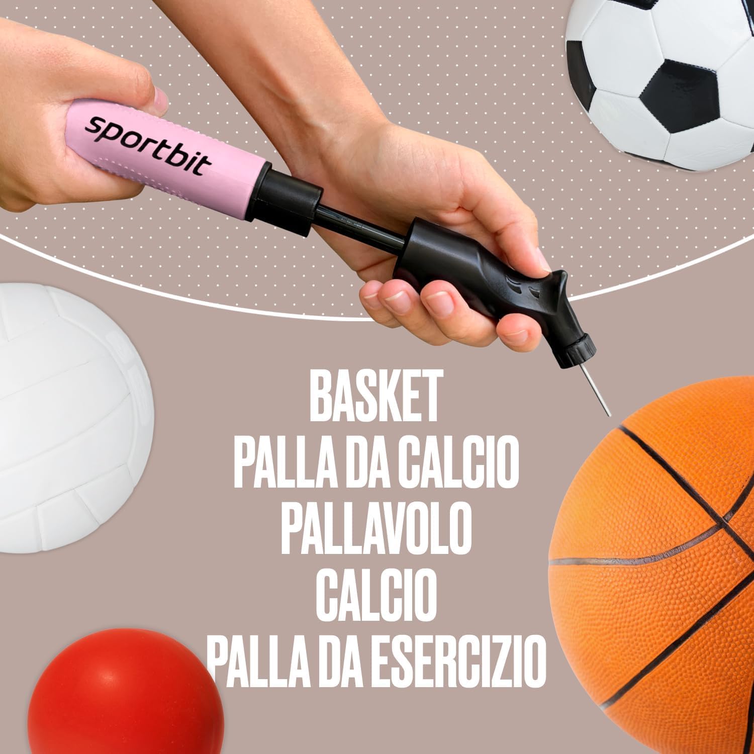 SPORTBIT Ball Pump for Sports Balls - Push & Pull Inflating System - Hand Pump for All Exercise Balls - Volleyball Pump, Basketball Inflator, Football & Soccer Ball Air Pump - Goes with 5 Needles Set