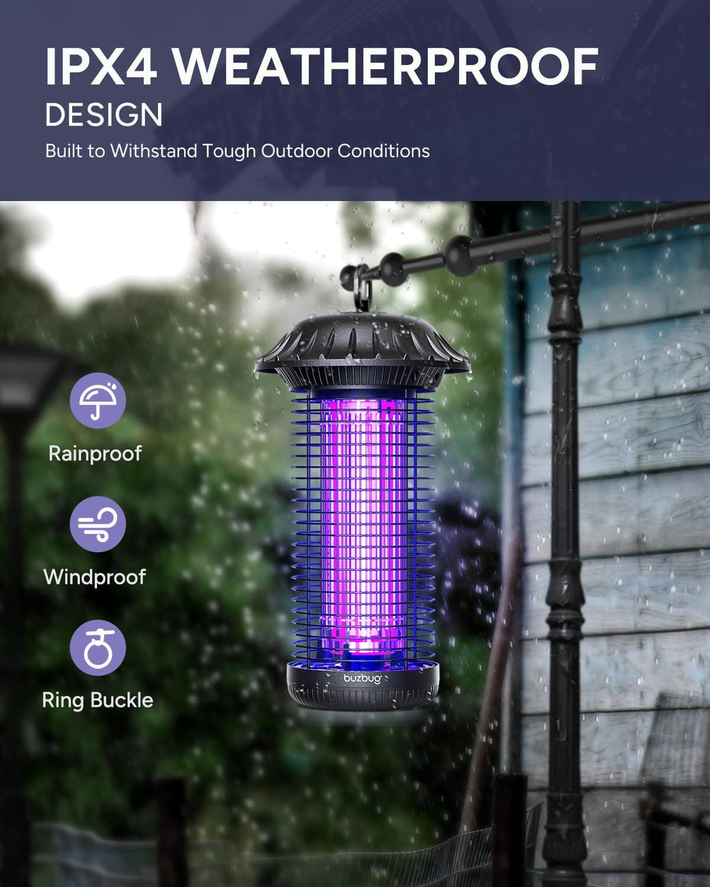 Buzbug LED Bug Zapper Indoor Outdoor, 10 Years Lifespan, 6.5ft Power Cord, IPX4 Waterproof, High-Voltage, Mosquito Zapper, Fly Trap Mosquito Trap, Fly Killer Fly Zapper -MO008C