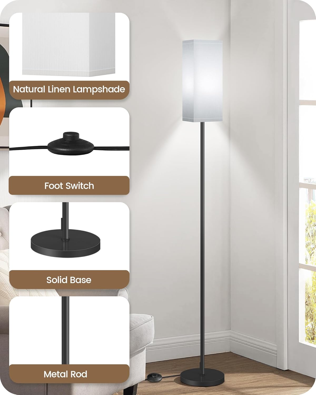64.6" Floor Lamp, Pole with Foot Switch, Modern Standing Lamp Lampshade, Minimalist Freestanding Lamp (Bulb Not Included), for Living Room, Bedroom Office ETL Listed, Black and Beige E07LD05