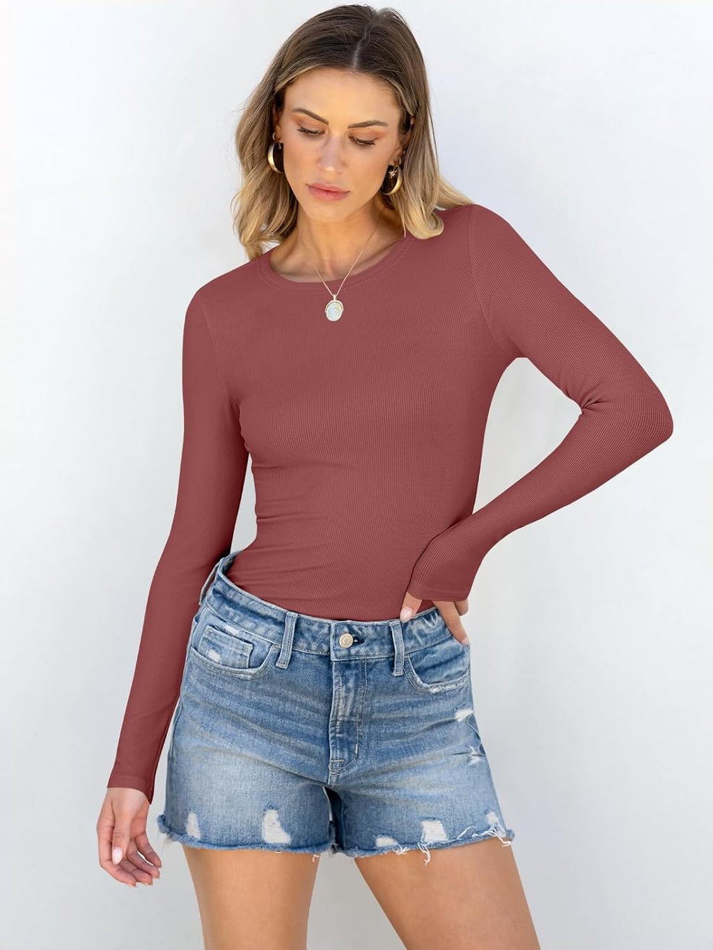 ANRABESS Women Long Sleeve Shirts Rib Knit Slim Fit Tops Basic Tee 2025 Fall Outfits Casual T-Shirt Underscrubs Layer Clothes