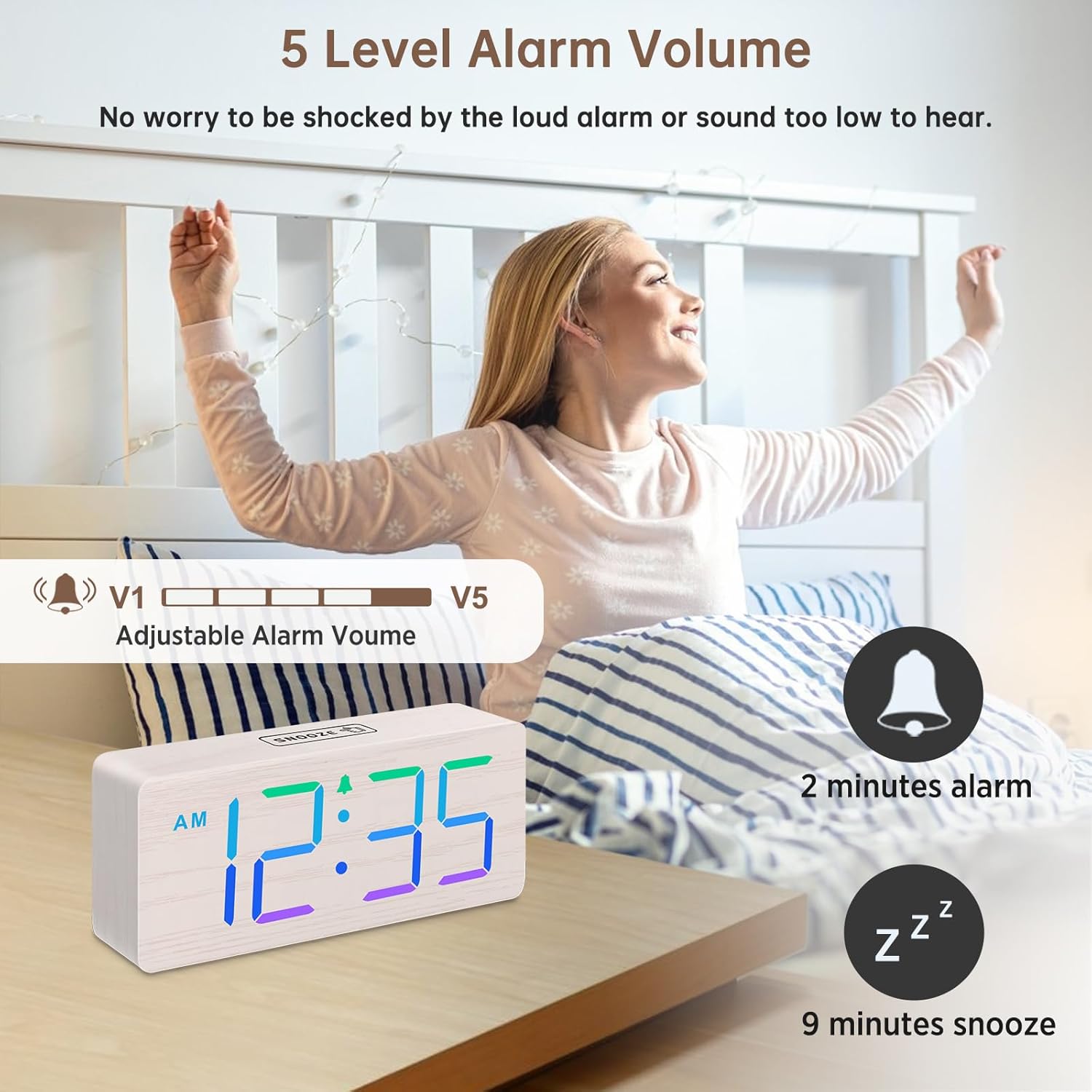DreamSky Small Digital Alarm Clock for Bederoom, Large Big Numbers Display with Dimmer for Living Room, Electric Bedside Desk Clock with USB Charging Port, Adjustable Volume, USB-C Adapter Powered
