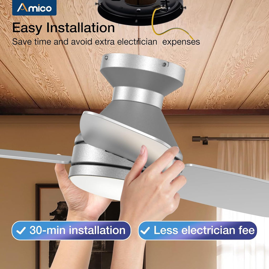 Amico Ceiling Fans with Lights, 42 inch Low Profile Ceiling Fan with Light and Remote Control, Flush Mount, Reversible, 3CCT, Dimmable, Noiseless, Black Ceiling Fan for Bedroom, Indoor/Outdoor Use