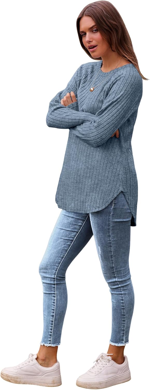 Saloogoe Long Sleeve Shirts for Women 2025 Fall Clothes Tunic Tops Loose Fit Dressy Crewneck Pullover Sweaters Curved Hem