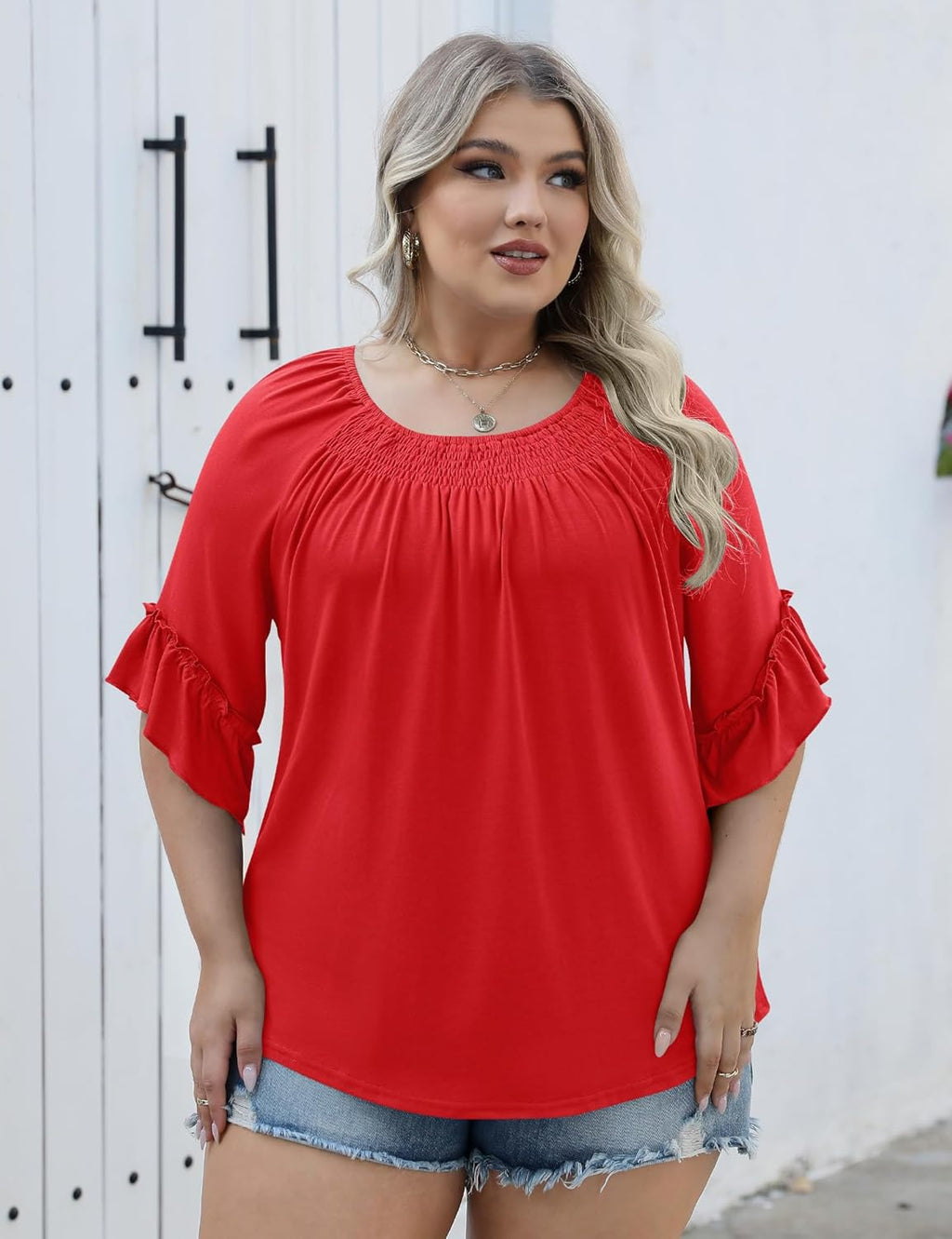 Micoson Womens Plus Size Tops 3/4 Ruffle Sleeve Shirts Crewneck Pleated Blouses Dressy Casual Fashion Tunic Top (1X-5X)