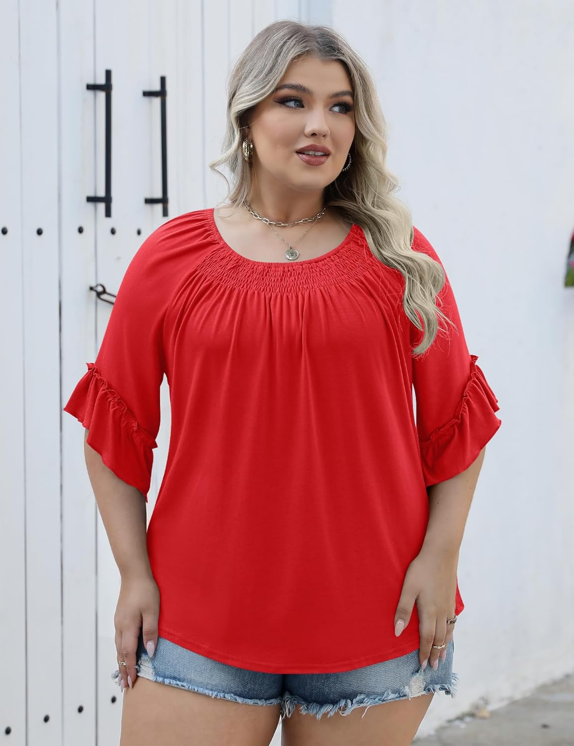 Micoson Womens Plus Size Tops 3/4 Ruffle Sleeve Shirts Crewneck Pleated Blouses Dressy Casual Fashion Tunic Top (1X-5X)
