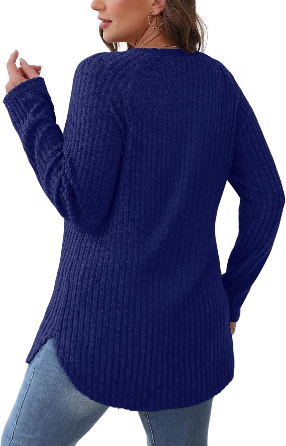 Saloogoe Long Sleeve Shirts for Women 2025 Fall Clothes Tunic Tops Loose Fit Dressy Crewneck Pullover Sweaters Curved Hem