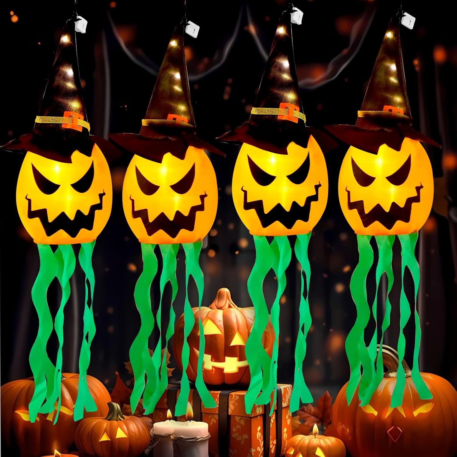 Halloween Decorations Outdoor Halloween Decor Hanging Outdoor String Lights Glowing Ghost Witch Hat Halloween Decorations Indoor Ornaments Halloween Lights for Home Tree Garden Yard (4Pcs)