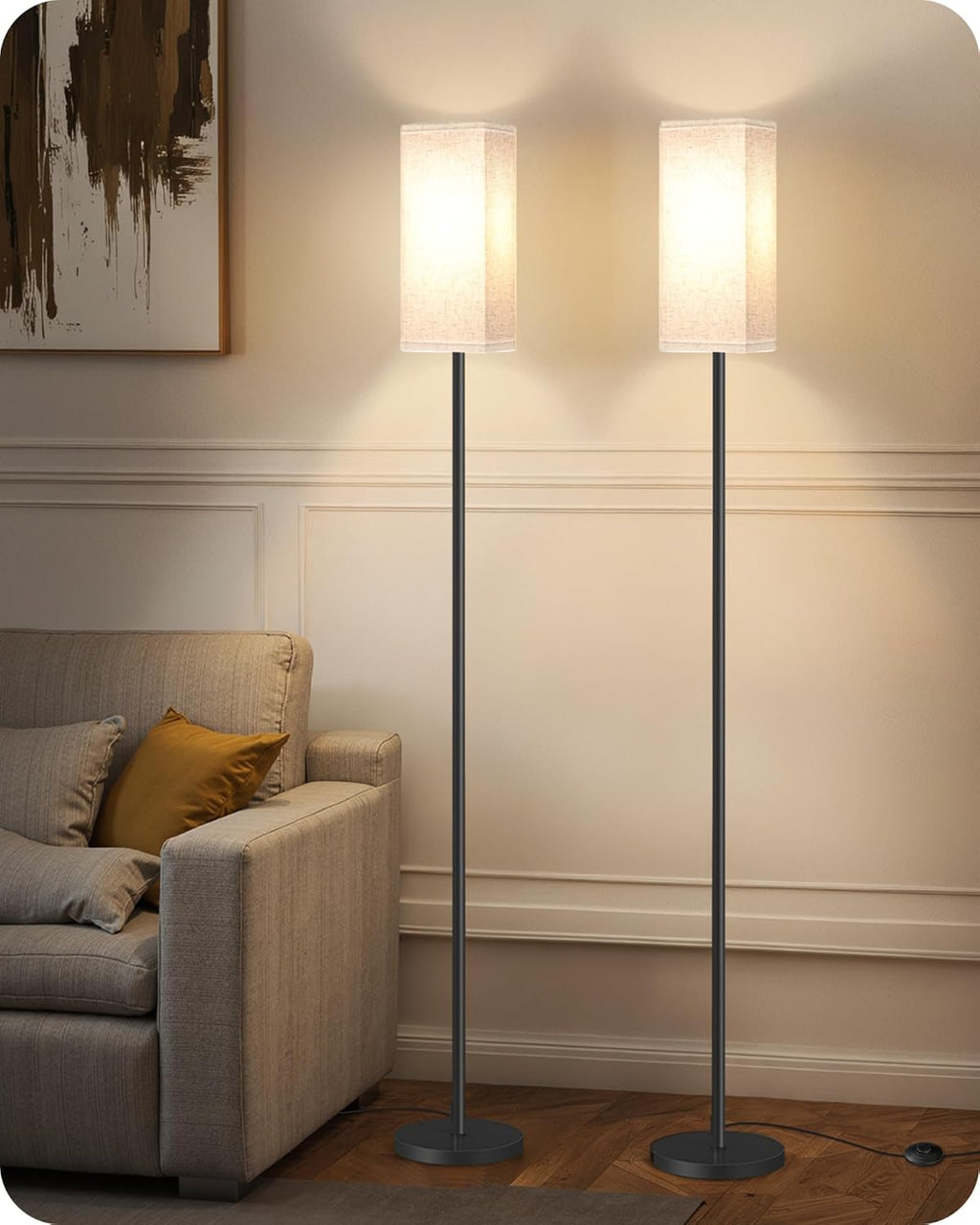 64.6" Floor Lamp, Pole with Foot Switch, Modern Standing Lamp Lampshade, Minimalist Freestanding Lamp (Bulb Not Included), for Living Room, Bedroom Office ETL Listed, Black and Beige E07LD05