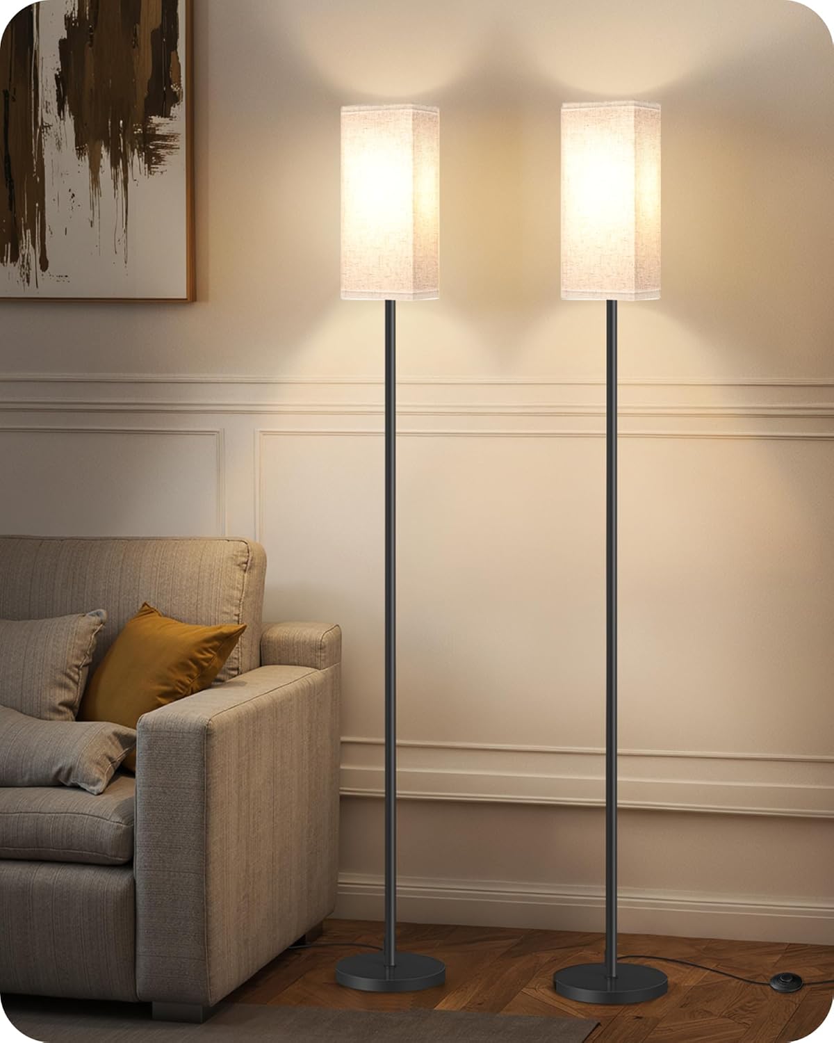 64.6" Floor Lamp, Pole with Foot Switch, Modern Standing Lamp Lampshade, Minimalist Freestanding Lamp (Bulb Not Included), for Living Room, Bedroom Office ETL Listed, Black and Beige E07LD05