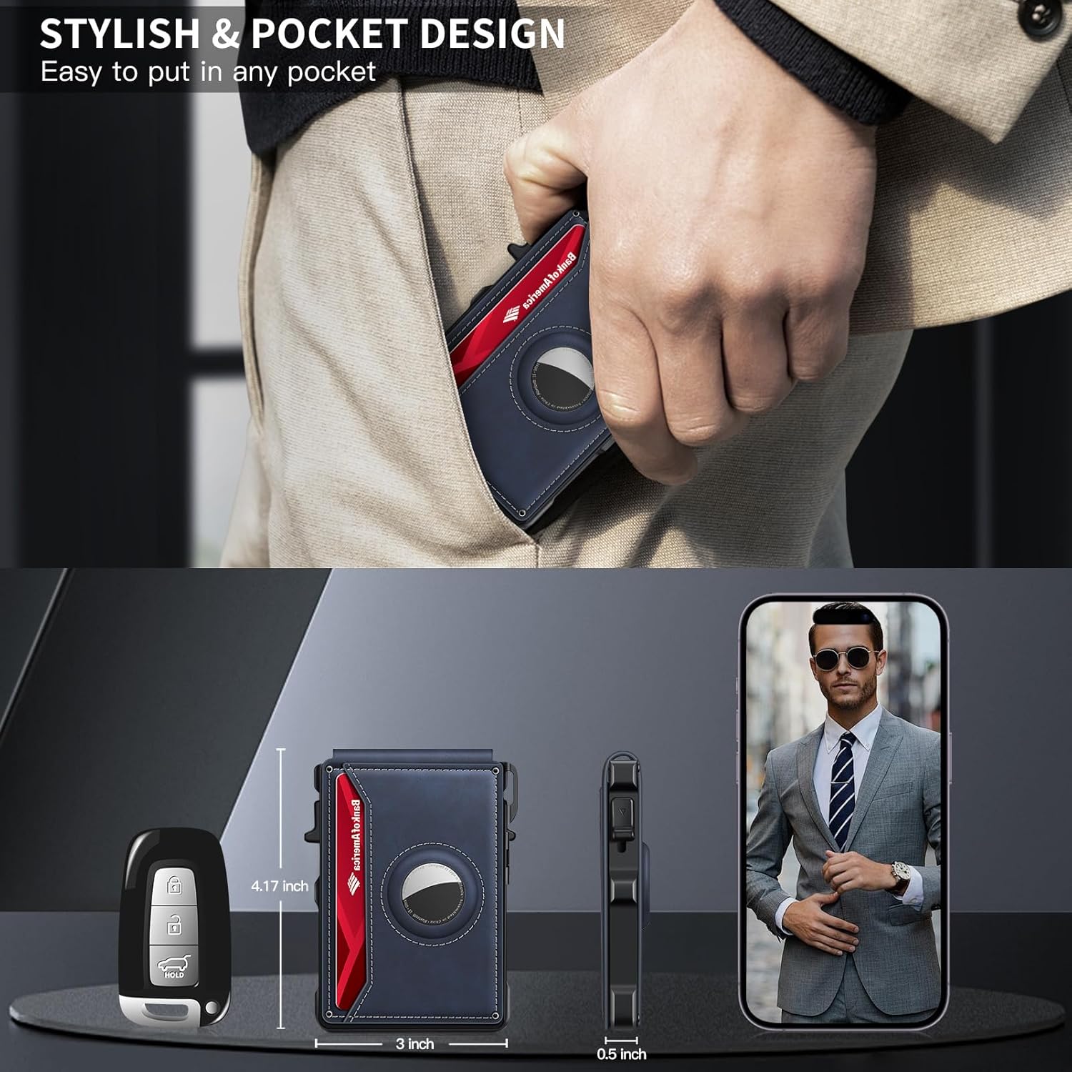 Airtag Wallet for Men, Mens Smart Wallet for Air Tag RFID Blocking, Minimalist Bifold Pop Up Aluminum Credit Card Case Holder 12+ Cards with ID Window, Gift for Men, No Airtag Included, Carbon Fiber