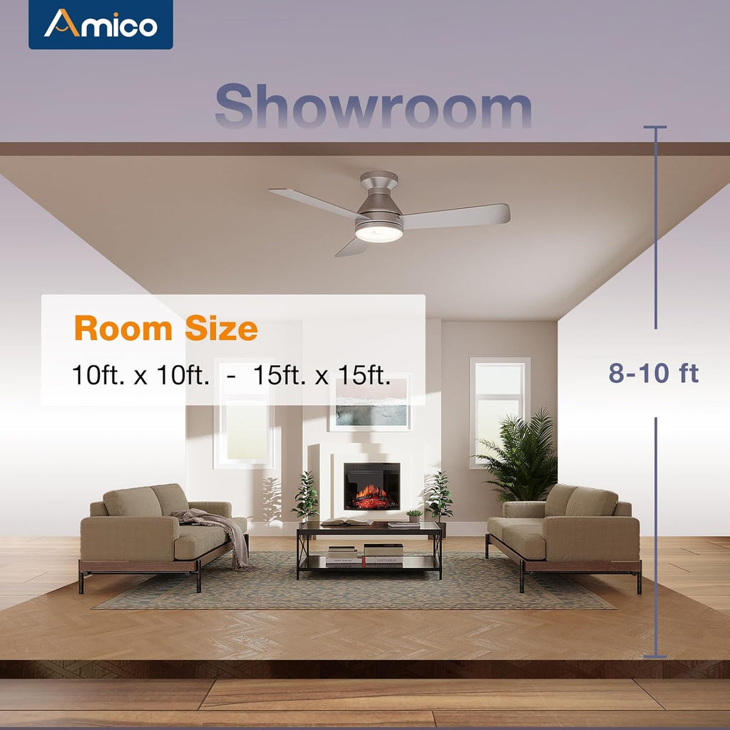 Amico Ceiling Fans with Lights, 42 inch Low Profile Ceiling Fan with Light and Remote Control, Flush Mount, Reversible, 3CCT, Dimmable, Noiseless, Black Ceiling Fan for Bedroom, Indoor/Outdoor Use