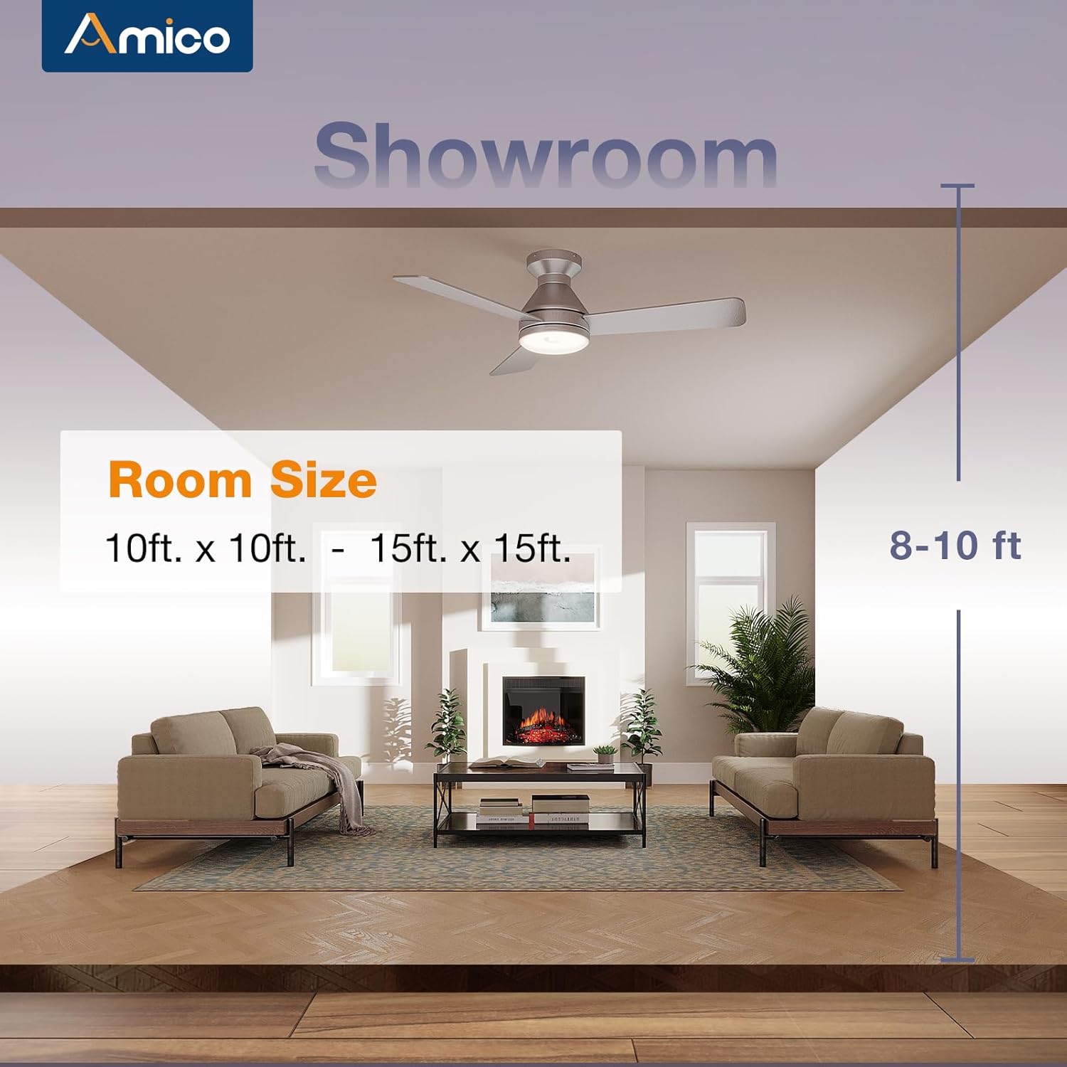 Amico Ceiling Fans with Lights, 42 inch Low Profile Ceiling Fan with Light and Remote Control, Flush Mount, Reversible, 3CCT, Dimmable, Noiseless, Black Ceiling Fan for Bedroom, Indoor/Outdoor Use