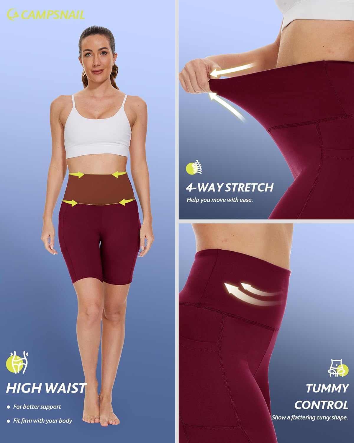 CAMPSNAIL Biker Shorts Women with Pockets - 3"/5"/8" High Waisted Workout Spandex Tummy Control Gym Running Yoga Shorts