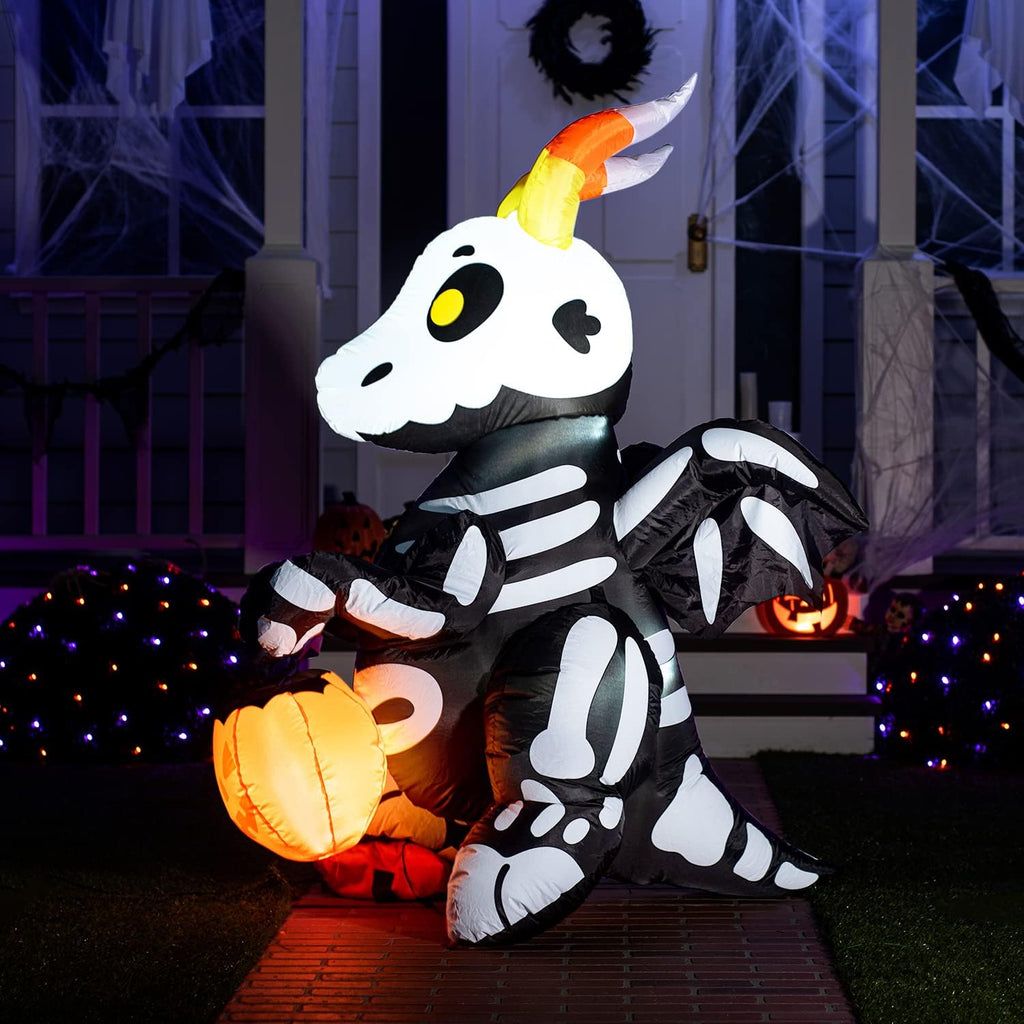 Joiedomi 5 FT Halloween Inflatables Skeleton Decor Outdoor, Blow Up Decorations Sitting Skeleton Unicorn with LEDs for Halloween Decorations Outside, Yard Decor