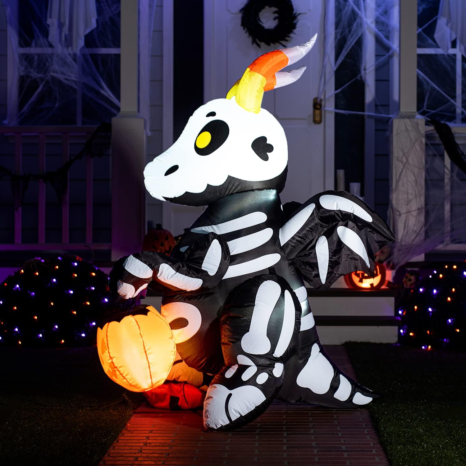 Joiedomi 5 FT Halloween Inflatables Skeleton Decor Outdoor, Blow Up Decorations Sitting Skeleton Unicorn with LEDs for Halloween Decorations Outside, Yard Decor