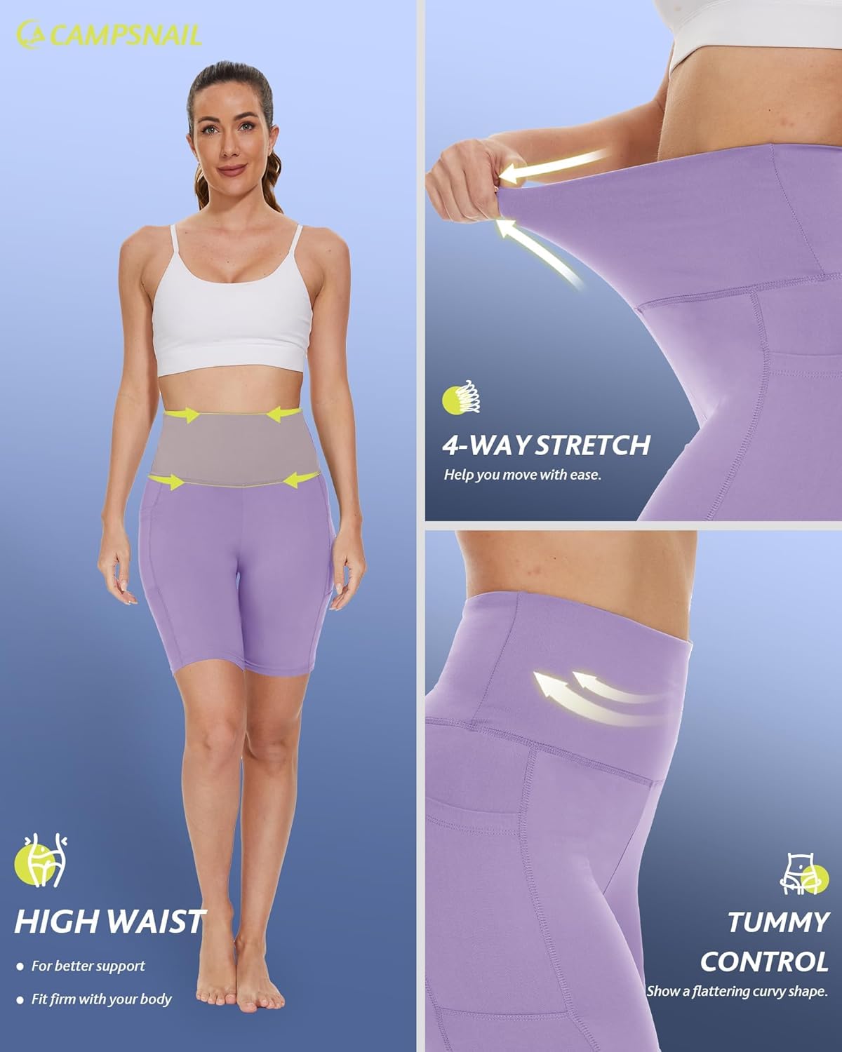 CAMPSNAIL Biker Shorts Women with Pockets - 3"/5"/8" High Waisted Workout Spandex Tummy Control Gym Running Yoga Shorts