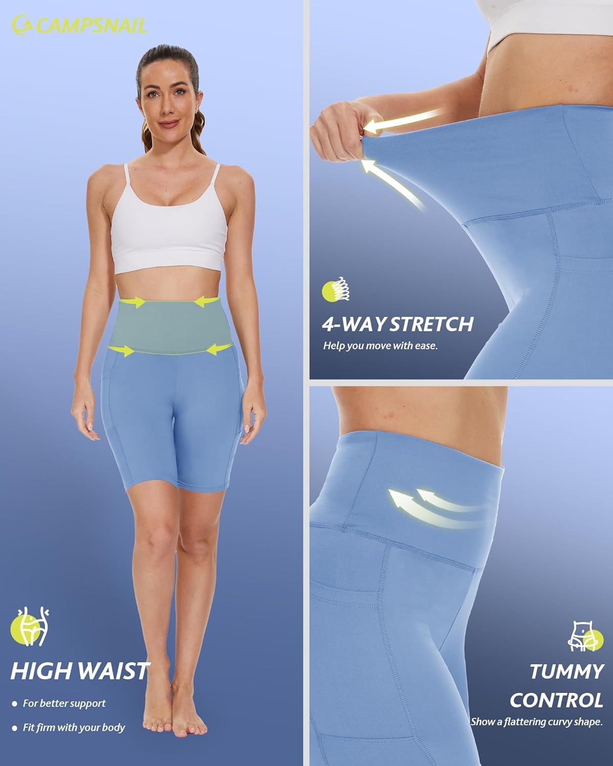 CAMPSNAIL Biker Shorts Women with Pockets - 3"/5"/8" High Waisted Workout Spandex Tummy Control Gym Running Yoga Shorts