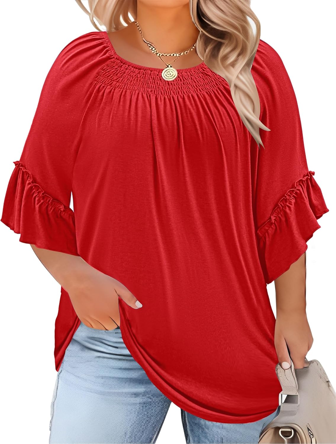 Micoson Womens Plus Size Tops 3/4 Ruffle Sleeve Shirts Crewneck Pleated Blouses Dressy Casual Fashion Tunic Top (1X-5X)
