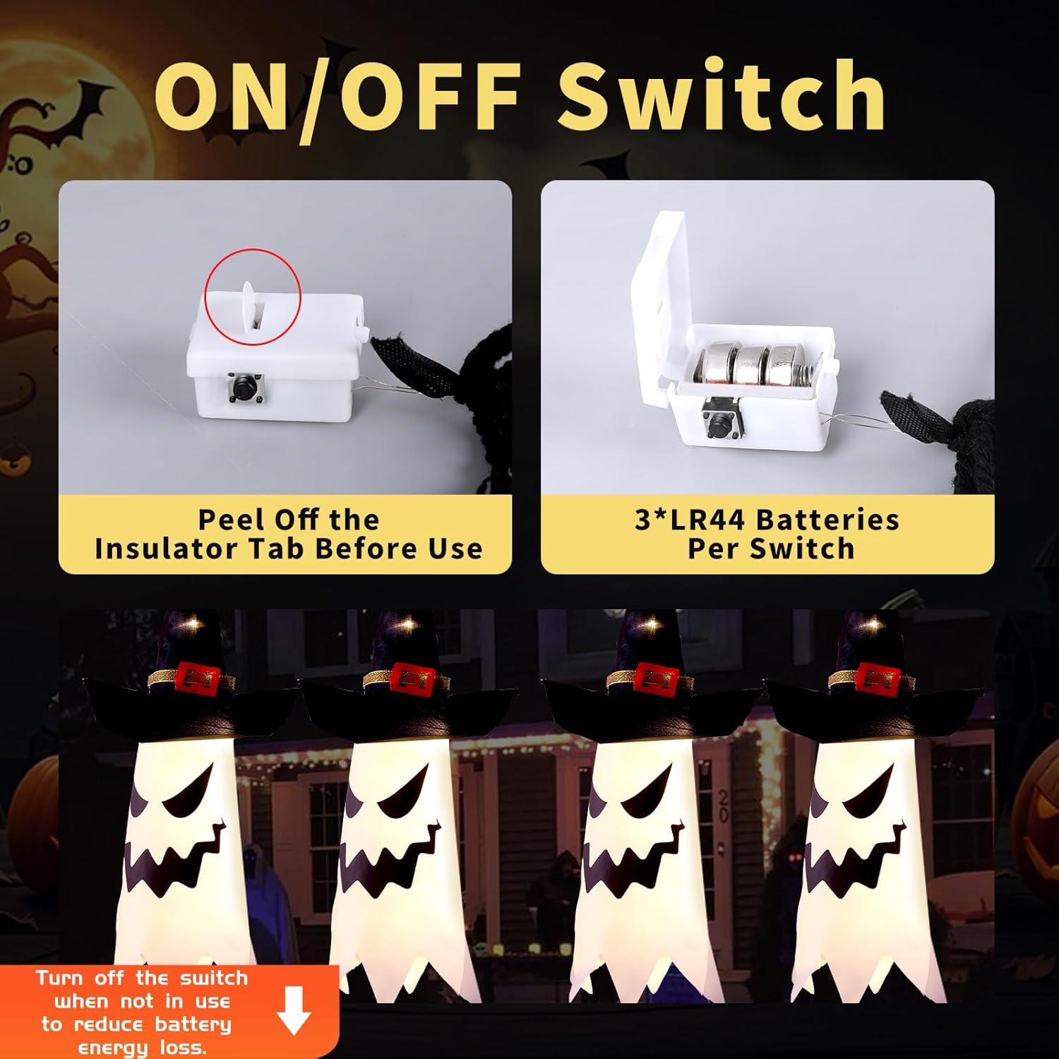 Halloween Decorations Outdoor Halloween Decor Hanging Outdoor String Lights Glowing Ghost Witch Hat Halloween Decorations Indoor Ornaments Halloween Lights for Home Tree Garden Yard (4Pcs)