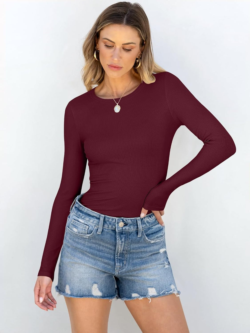 ANRABESS Women Long Sleeve Shirts Rib Knit Slim Fit Tops Basic Tee 2025 Fall Outfits Casual T-Shirt Underscrubs Layer Clothes