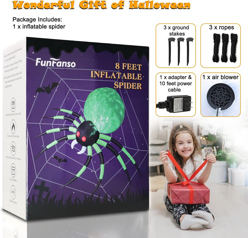 8FT Halloween Inflatables Spider Outdoor Decorations for Yard, Giant Blow up Green Spider with Rotating Fire Flame Light, Large Spooky Spider Props for Halloween Party Garden Lawn House Holiday Decor