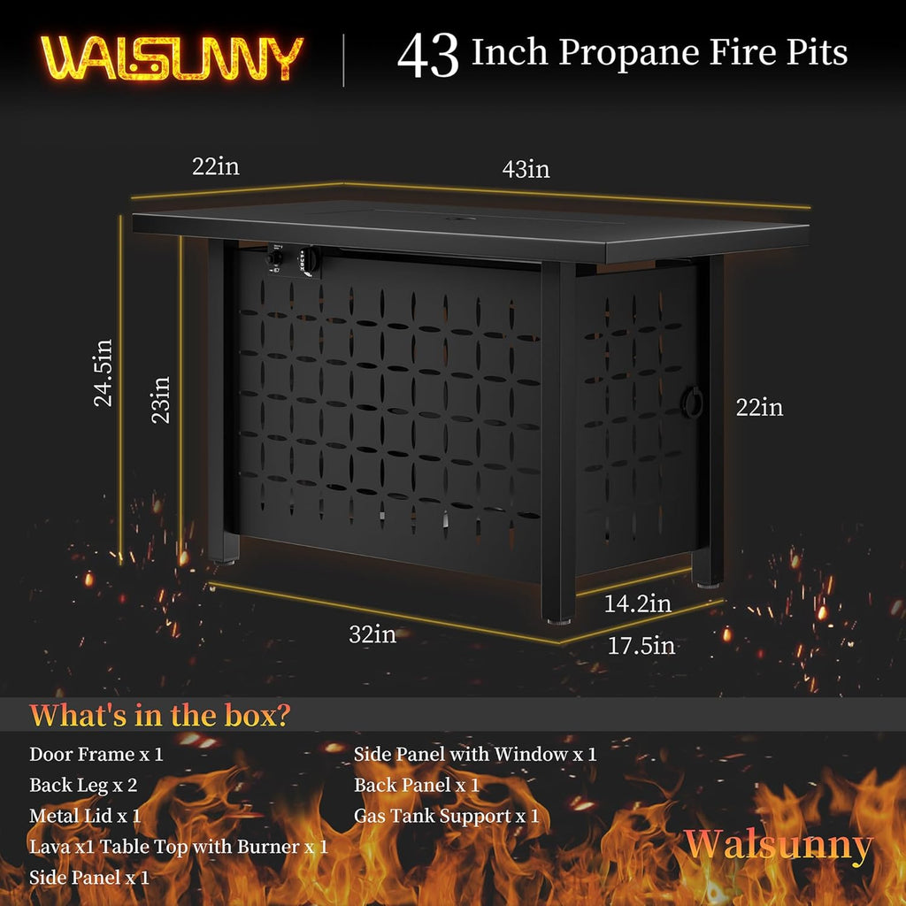 Walsunny 43 inch Outdoor Propane Fire Pit 50,000 BTU Gas Fire Pit Table with Lid, Waterproof Cover, Rectangle Gas Firepit Table for Garden/Patio, CSA Certification