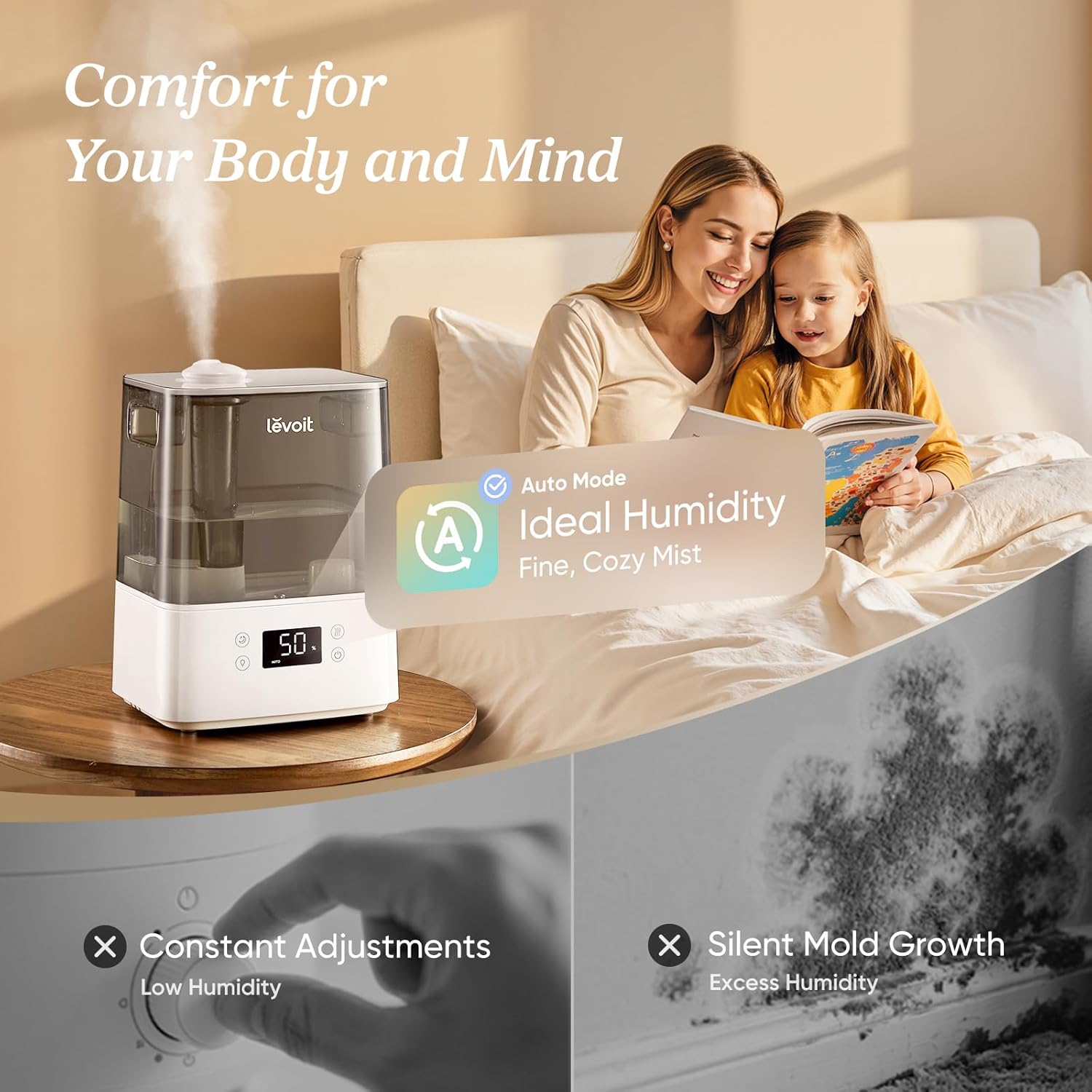 LEVOIT Smart Humidifiers for Bedroom Large Room Home,(6L) Cool Mist Top Fill Essential Oil Diffuser for Baby & Plants,Smart App & Voice Control, Rapid Humidification & Auto Mode-Quiet Sleep Mode, Gray