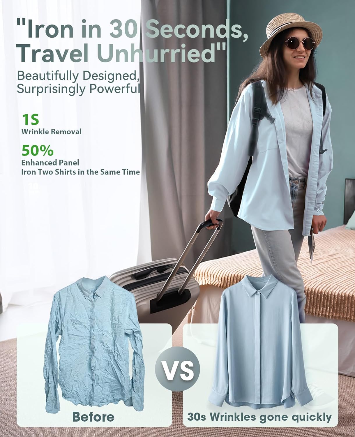 Jack ＆ Rose Travel Steamer for Clothes,100-220V Portable Iron,15s Heat Up,Steamer ＆ Iron 2 In 1, Travel Size,Large Ceramic Heat Panel,for Global ＆ Europe