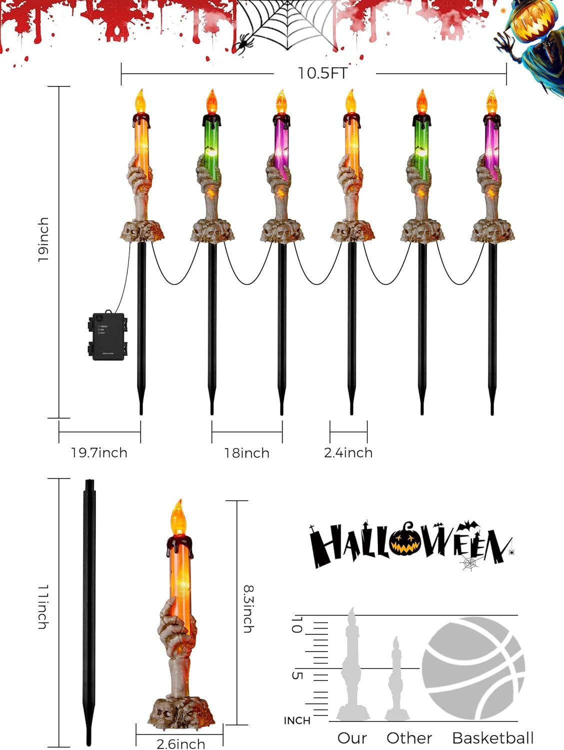 Halloween Decorations, 6 Pack Skeleton Hands Hold Lighted Candle Stakes, Waterproof Battery Operated Pathway Decor with Timer, Light Up for Tabletop Indoor Outdoor Party Lawn Yard Garden Warm White