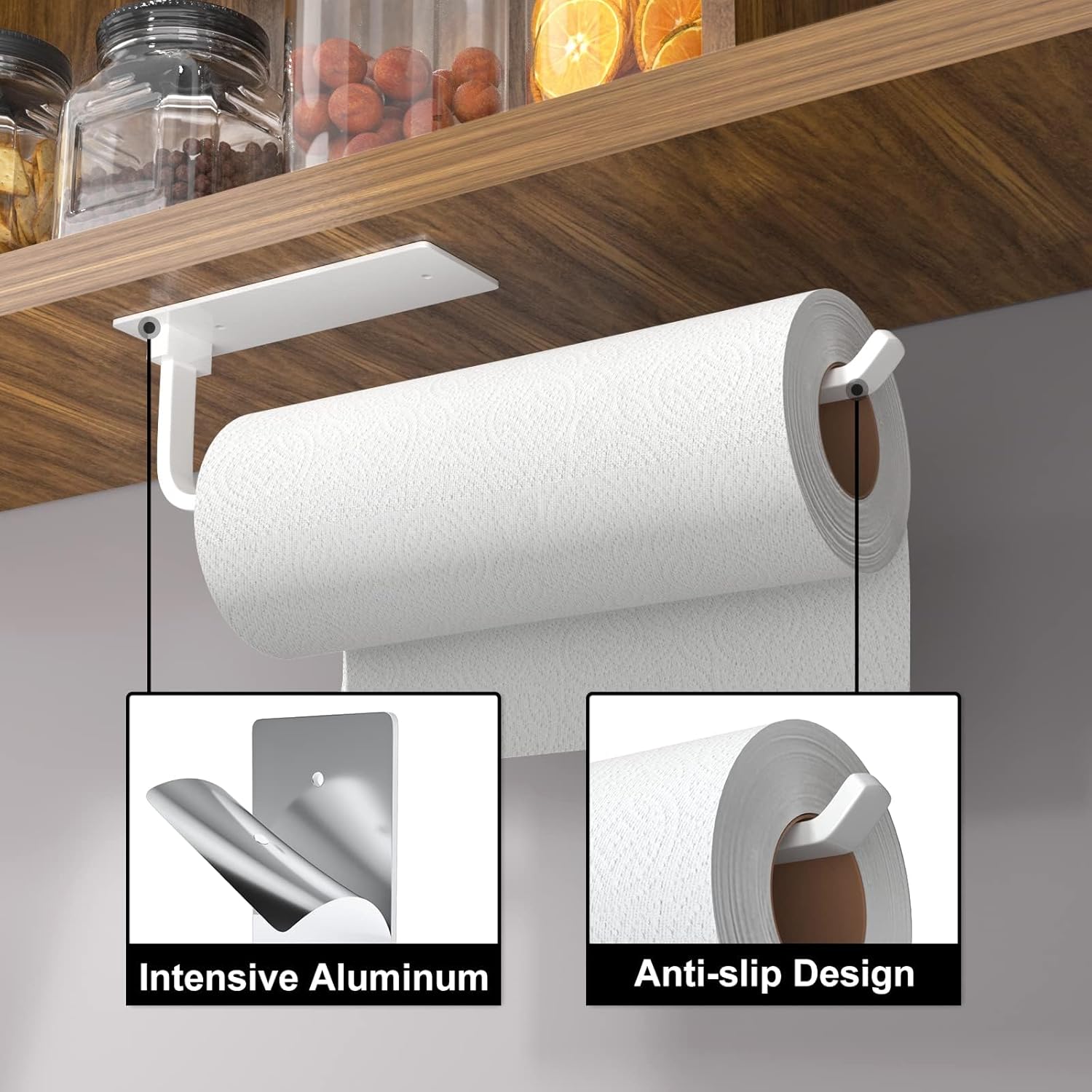 Paper Towel Holder - Self-Adhesive or Drilling, Matte Black, Upgraded Aluminum Kitchen Roll Dispenser Under Cabinet, Lighter but Stronger Than Stainless Steel!