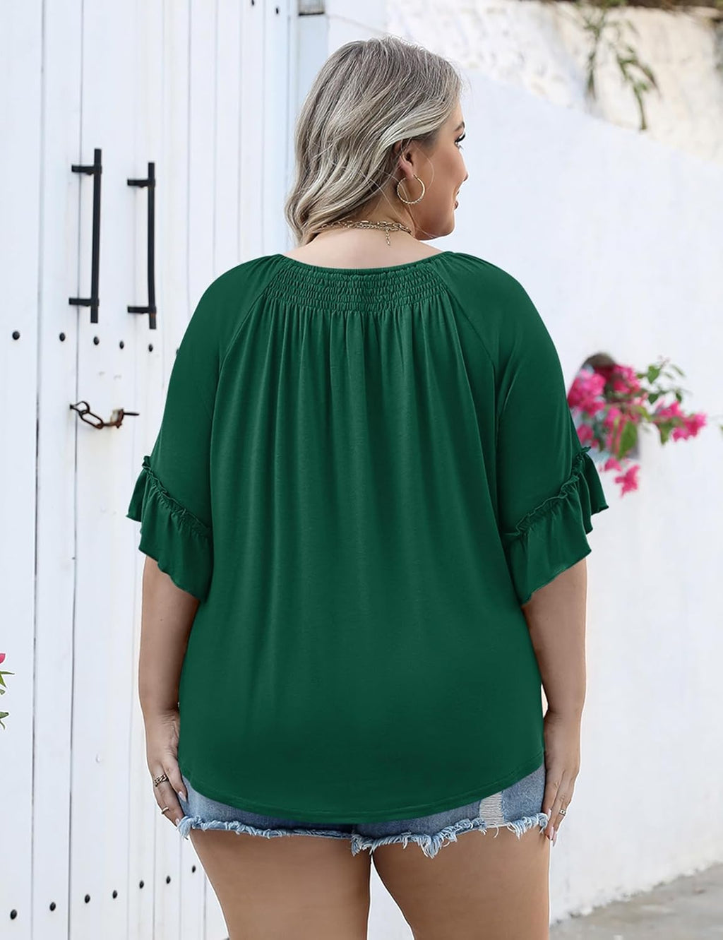 Micoson Womens Plus Size Tops 3/4 Ruffle Sleeve Shirts Crewneck Pleated Blouses Dressy Casual Fashion Tunic Top (1X-5X)