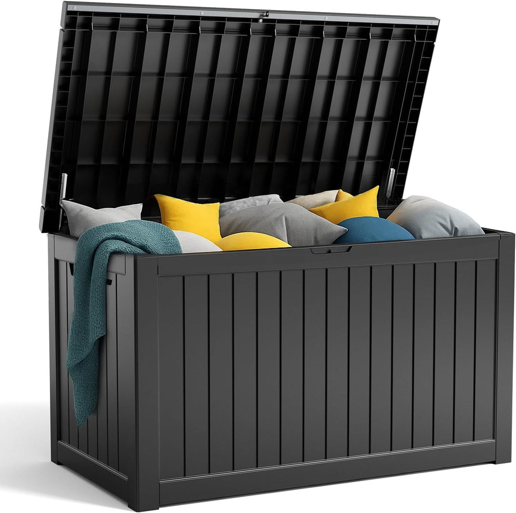 80 Gallon Resin Deck Box, Lockable Patio Outdoor Storage Box for Furniture, Garden Tools and Tools Storage, Waterproof Outside Storage Box - Black