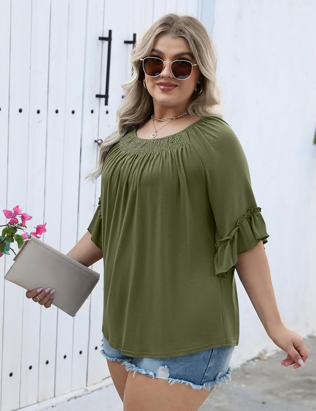 Micoson Womens Plus Size Tops 3/4 Ruffle Sleeve Shirts Crewneck Pleated Blouses Dressy Casual Fashion Tunic Top (1X-5X)