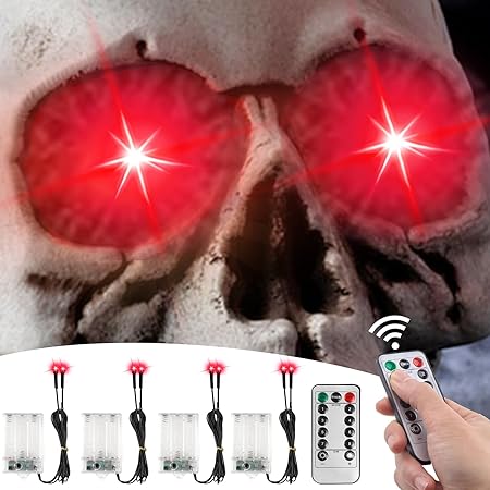 4 Pack Halloween Decoration LED Glowing Light Up Skulls Eyes, Horror DIY Glowing Eyes Lights Battery Operated for Halloween Decoration Masks, Skulls, Pumpkin, Spider, Tombstone Props (Red)