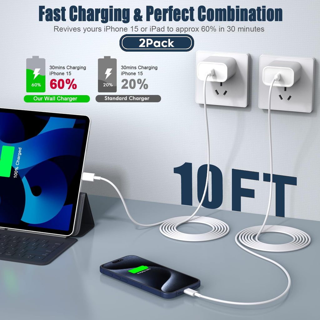 Fast iPhone Charger, iPhone Charger Fast Charging 2Pack Quick Chargers 6ft Long USB C to Lightning Cable Quick Charging Cord USB Charge Block Adapter for iPhone 14 Plus/14 ProMax/13 Mini 12/11/XS/iPad
