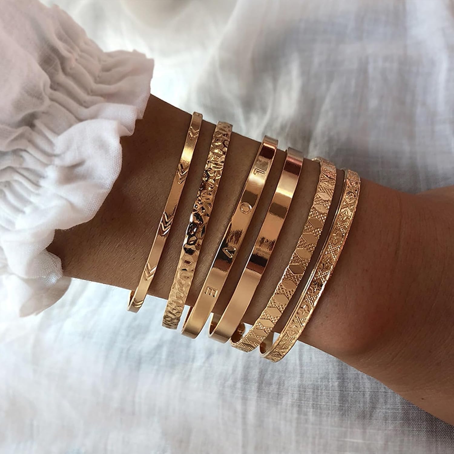IFKM Gold Bangle Bracelets For Women, 14k Gold Plated Multi Layer Stackable Cuff Bracelet Set, Trendy Elegance Charms Non Tarnish Minimalist Textured Boho Jewelry Gift for Women