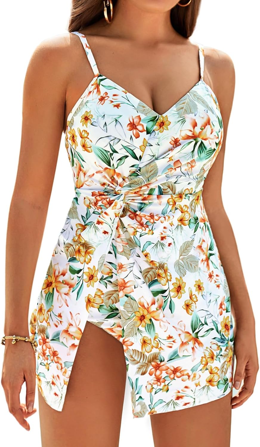 GRACE KARIN Women's One Piece Swim Dress V Neck Tummy Control Swimsuit Vacation Beachwear Bathing Suit