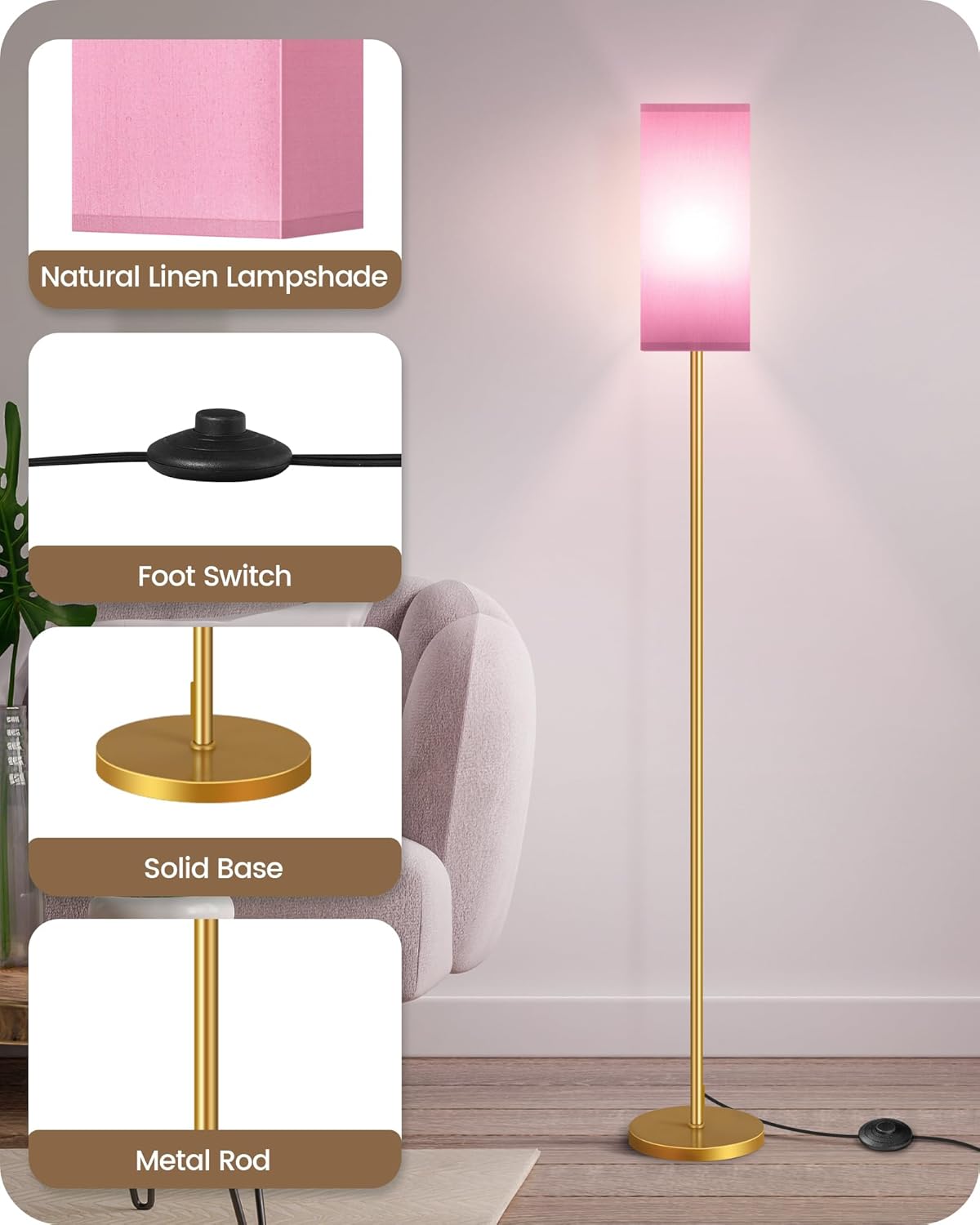 64.6" Floor Lamp, Pole with Foot Switch, Modern Standing Lamp Lampshade, Minimalist Freestanding Lamp (Bulb Not Included), for Living Room, Bedroom Office ETL Listed, Black and Beige E07LD05
